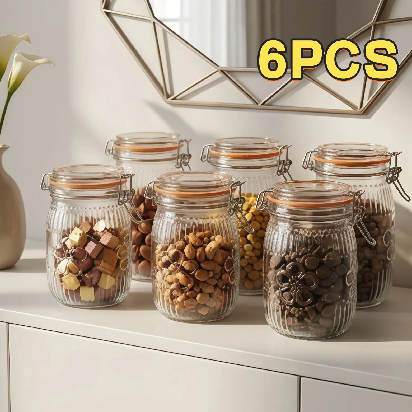 Wide Mouth Vintage Mason Jar with Sealing Lid 32 Ounce, Kitchen Storage Jar- Suitable for Coffee, Sugar, Beans, 6pcs