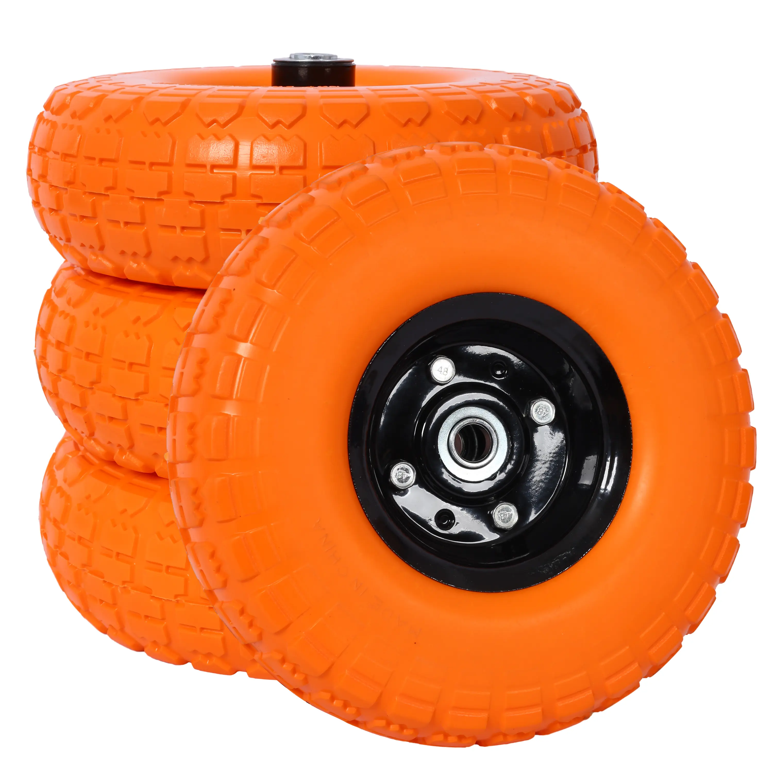 Donext Heavy-Duty Flat-Free PU Foam Tire and Wheel - 4.10/3.50-4, 10" Diameter, 5/8" Axle Bore, 2.2" Offset Hub, Double Sealed Bearings, Orange - for Dolly, Lawn Mowers, Wagons, Generators, Pressure Washers