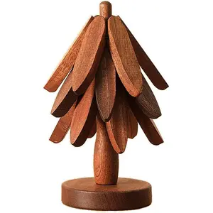 [New Deal] Tree Shaped Wooden Placemat for Hot Dishes, Trivets for Pots and Pans, Coasters, Pot Trivet - 3 Trivets + 1 Stand (Walnut Color)