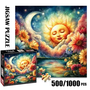 1pc 1000 piece adult Jigsaw Puzzle 58x58cm Sun with Face, Crescent Moon, Stars, Clouds and Flowers by Lake 500 pieces of paper puzzle, suitable for adults and families, large-scale DIY puzzle interacti