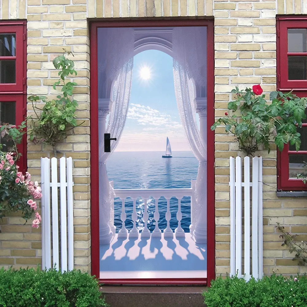 2pcs Mediterranean Style Archway Sea View Wall Sticker Self Adhesive Removable Stereo Window Landscape Decal Blue Ocean Sailboat Sunlight Mural Sticker for Living Room Bedroom Background Wall Decoration