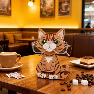 Wooden cartoon orange calico cat eyeglass frame, eco-friendly wooden statue ornament, creative animal eyeglass frame, suitable for home offices, tables, desks, party decorations, Cute Desktop Decoration, indoor eyeglass placement ornament