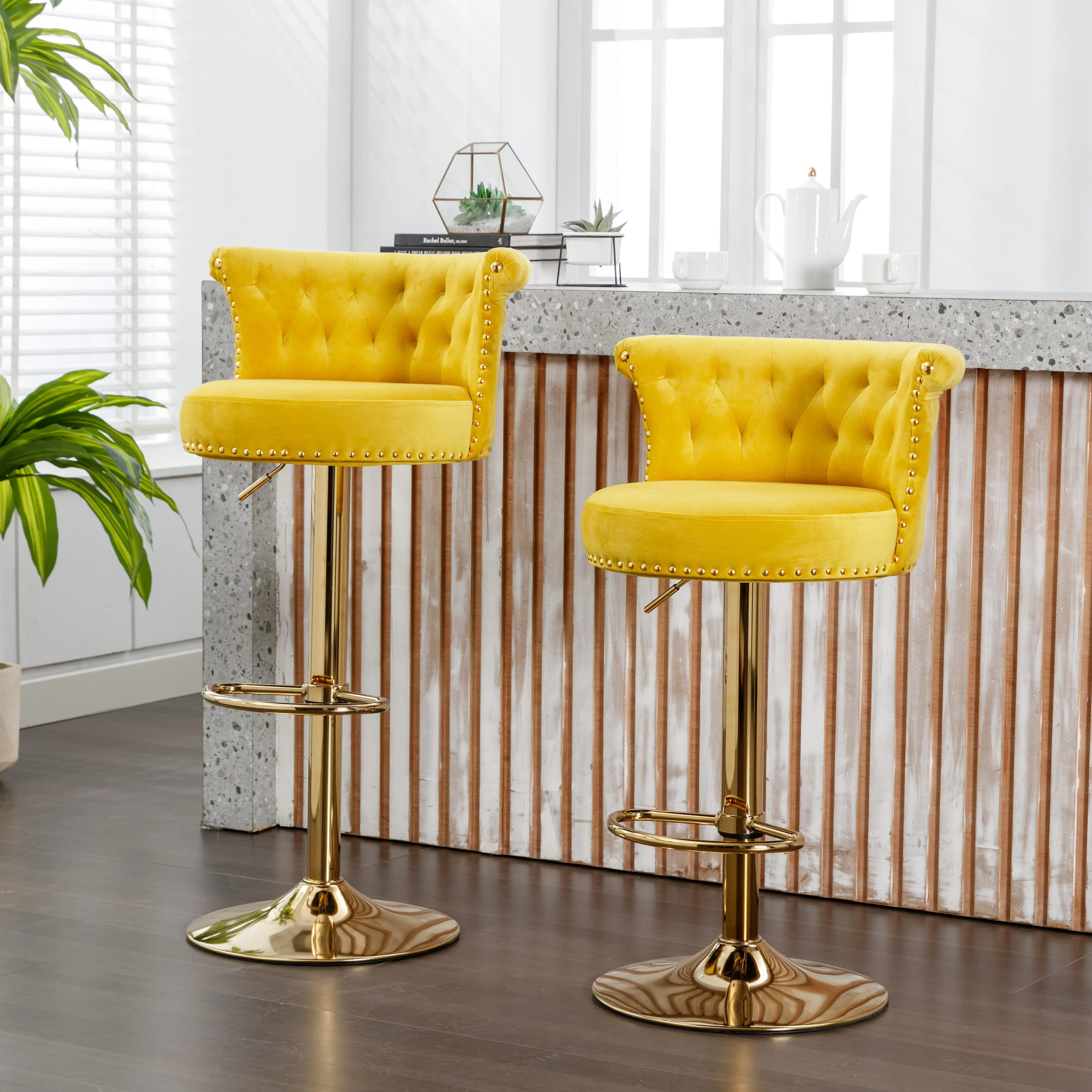 Adjustable Counter Height Bar Stools Set of 2, Velvet Diamond Stitch Swivel Barstools with Back and Footrest, Modern Bar Chairs with Solid Gold Metal Legs, Height Range for Kitchen Island, Counter