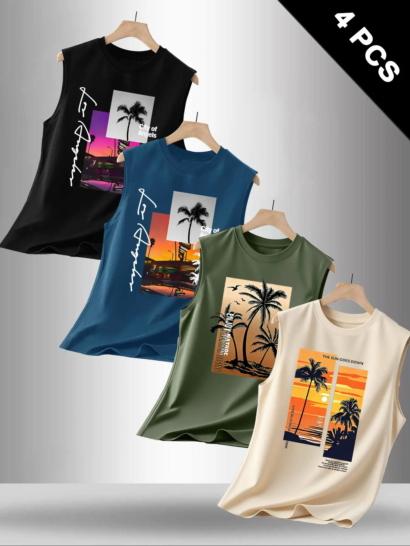 Men's Summer Casual Sleeveless Vest, Activewear Vest, Tank Tops Workout, Coconut Tree Graphic Print, Outdoor Sports Wear, Daily Versatile, Pack of 4, No Zipper, Letter Pattern, Sleeveless Gym Clothing