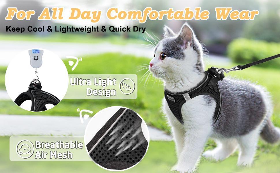 Escape Proof Cat Harness & Leash (≤13 lbs)Adjustable Reflective Soft Mesh Vest for Easy Safe Walks with Leash Included