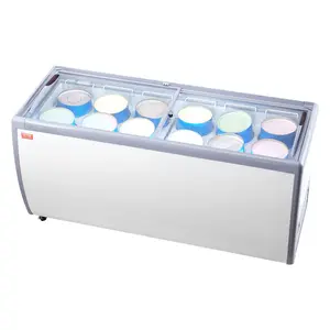 VEVOR Commercial Ice Cream Display Case, 20 Cu. ft Chest Freezer, Mobile Glass Top Deep Freezer, Restaurant Gelato Dipping Cabinet with 12 Large Tubs, 2 Sliding Glass Doors, Locking Casters, White