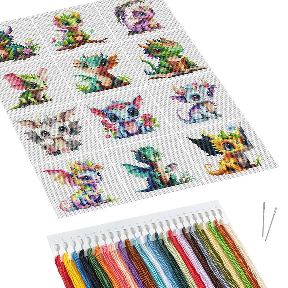 Dragon Pattern DIY Cross Stitch Kit, Embroidery Kit, 12pcs/set 11CT Cross Stitch Printed Canvas, DIY Cross Stitch Kit for Home Decor, Cross Stitch Thread, Embroidery Design Set, DIY Kits