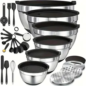 23PCS Complete Stainless Steel Mixing Bowls Set | Nesting Stackable with Lids, Graters, Whisk & Baking Utensils for Home Kitchen