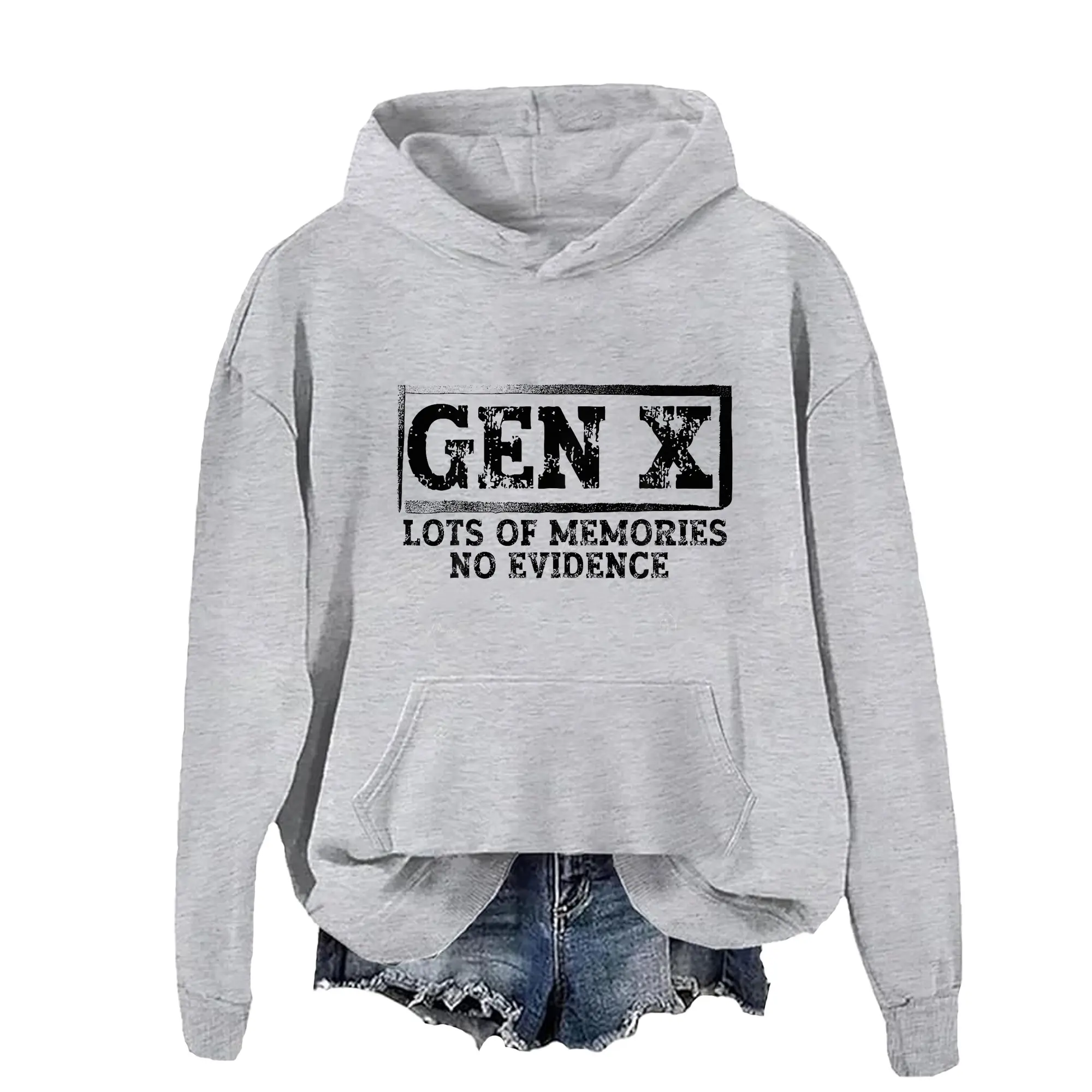 Unisex Gen X Pullover Hoodie, "Lots of Memories No Evidence" Funny Graphic Print, Classic Long Sleeve Fleece Sweatshirt with Pocket, Menswear, Stylish, Soft, Loose-Fit, Cotton, Jet, Hooded Crew, Graphic Front, Stretch, Day, Tops, Longsleeves, Digital Prin