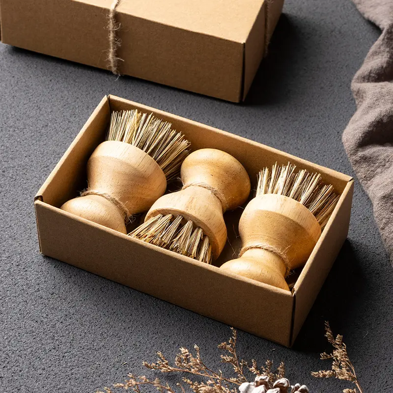 Bamboo Dish Scrub Brush Set with Wooden Handle, Natural Bristles Kitchen Cleaning Supplies for Sink Area, Cast Iron Pots, Pans
