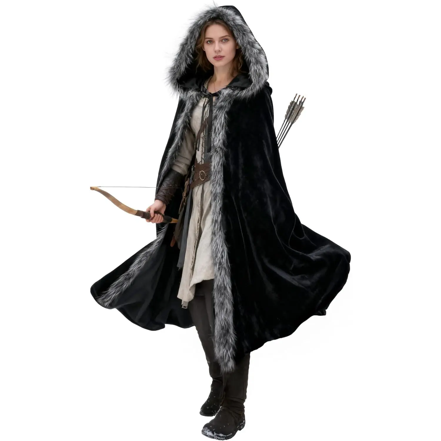 Long Hooded Cloak for Women, Medieval Viking Polyester Costume with Faux Fur Trim, Machine Washable for Cosplay Parties, One Size