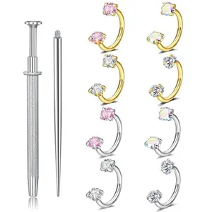 8pcs Stainless Steel Adjustable Horseshoe Nose Ring & Tragus Piercing Jewelry - Double Cubic Synthetic Zirconia Cartilage Earrings Suitable for Helix, Labret, Lip Piercings summerwins