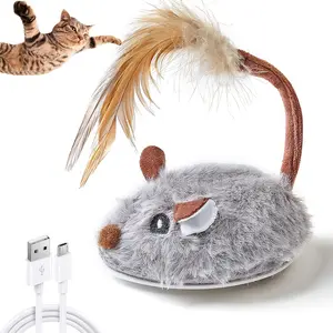 Interactive Cat Toy with Feather Tail USB Rechargeable Automatic Moving Mouse for Indoor Cats, Grey Color, Perfect for Hunting and Exercise Interactive Electric fun indoor cat teaser toy Auto Interactive cat toys pet  supplies