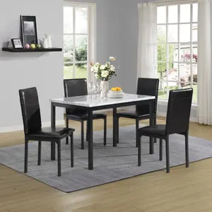 [Bellemave]Furniture 5 Piece Metal Dinette Set with Faux Marble Top - Black,dinning set,table&4 chairs