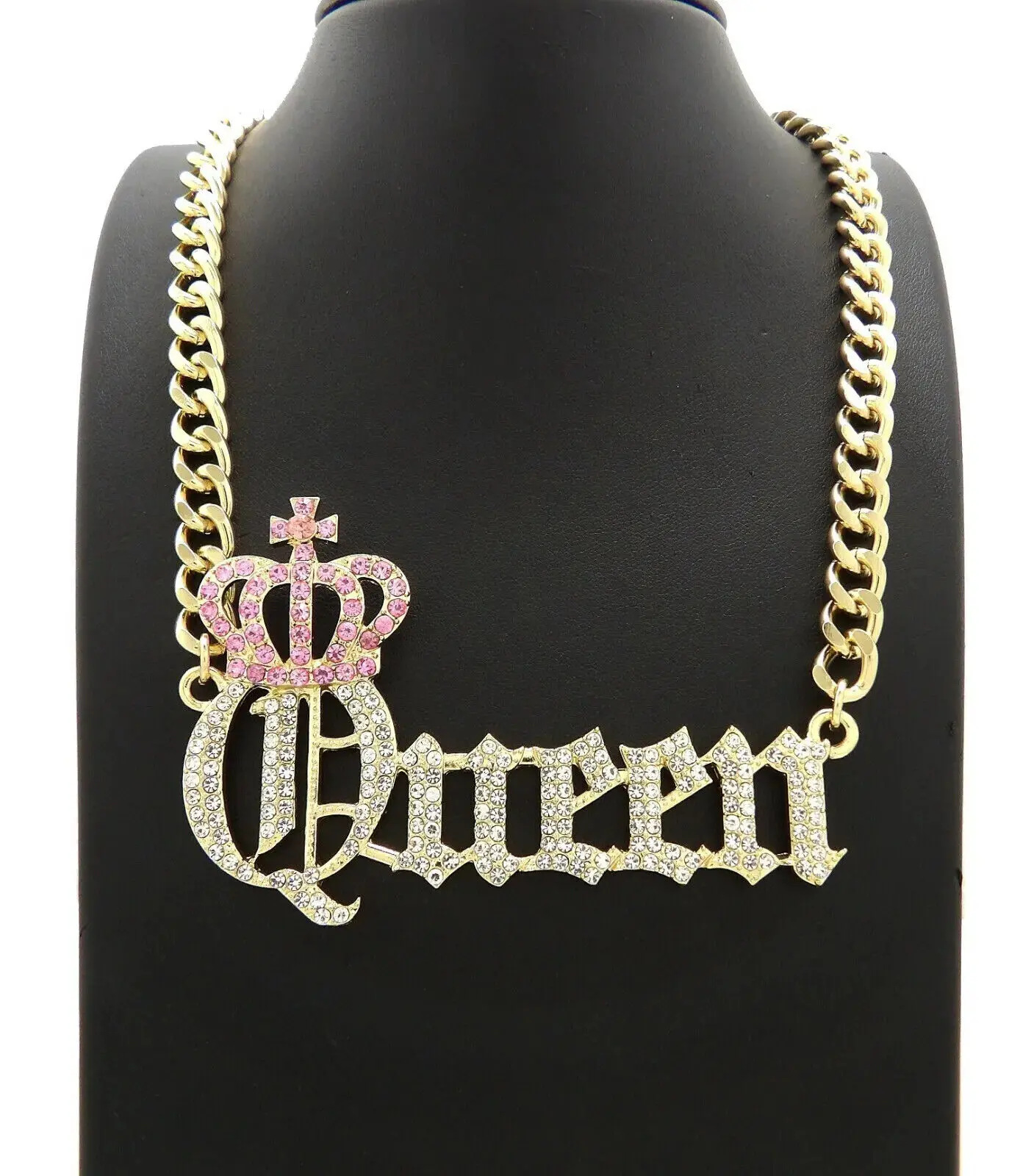MaxBling81 Women's Pink Queen Crown Inlaid Zircon Pendant Necklace - Alloy-Coated 9mm 18in Link Chain, 3.5"x2.25" Cubic Zirconia Accent, Unisex Chain & Link Modern Costume Jewelry for Daily Wear