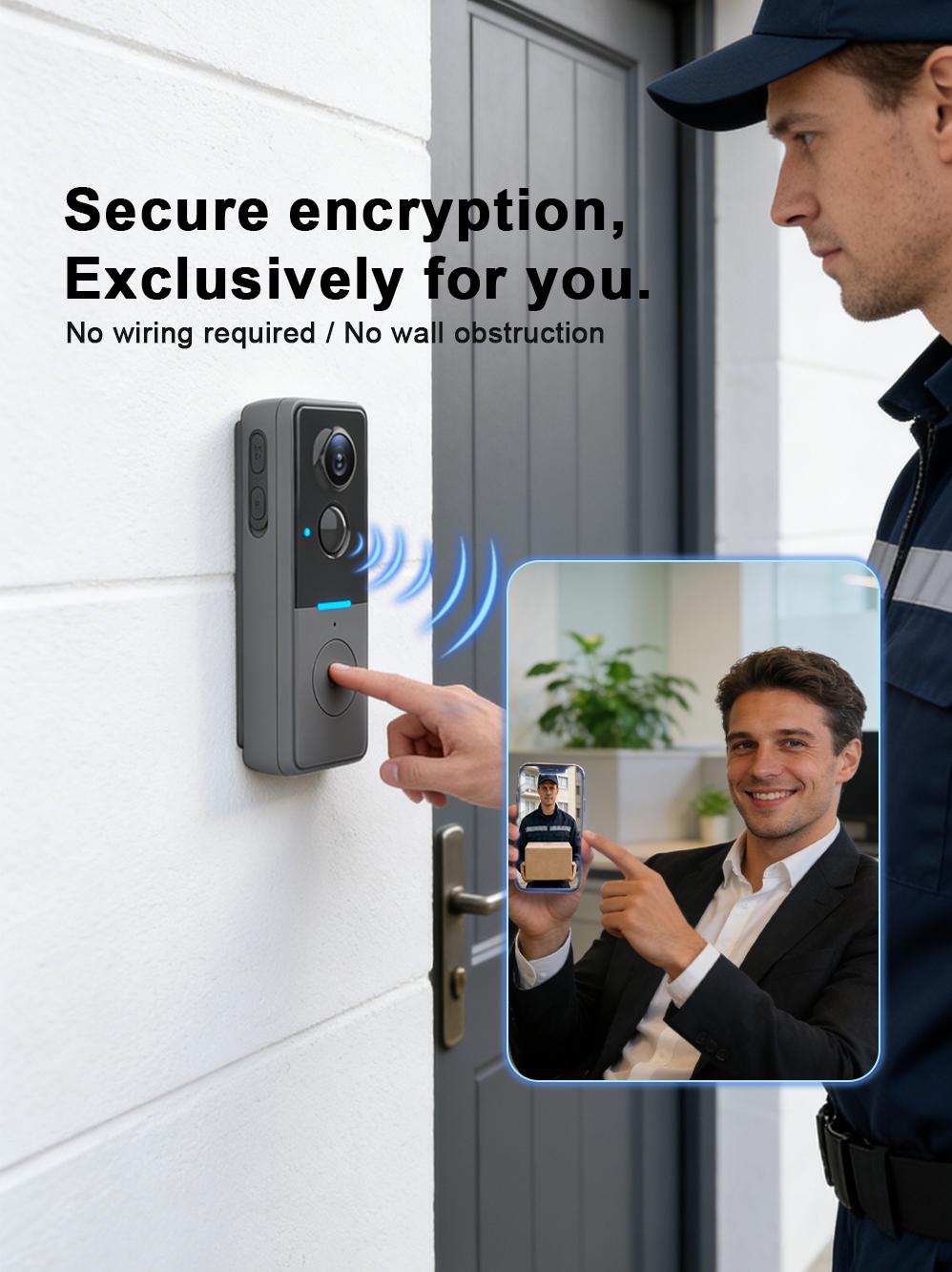 1080P Wireless Wi-Fi Video Doorbell Camera, Door Home Security, Night Vision, Two-Way Audio, Cloud Storage, Smart AI Motion Detection, Live View, Battery Powered, No Subscription, TUYA APP, Doorbell with Chime, Motion Detection & Alerts