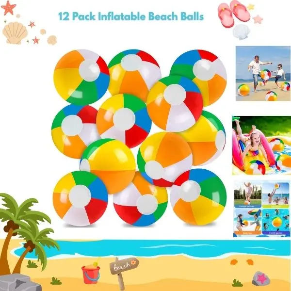 12 Pack Inflatable Beach Balls – Rainbow Color Pool Toys for Kids, Summer Swimming Pool Water Games & Perfect Beach Party Gift Favors