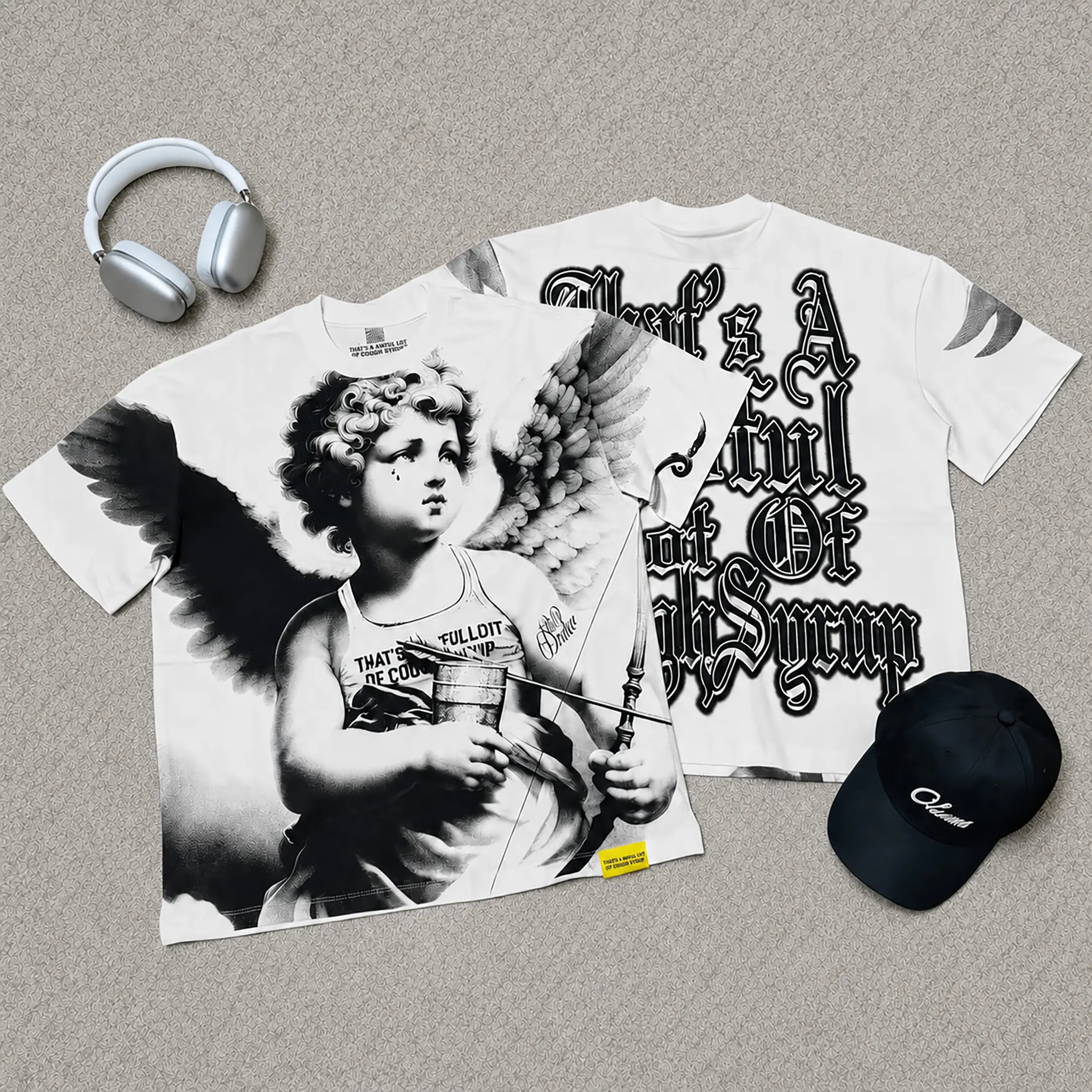 Cough Syrup Angel Graphic Oversized T Shirt Pure Cotton Streetwear Hip Hop Fashion Summer Casual Daily Outfit Vintage Gothic Angel Print Tee For Men Women Teens Young Adults Festival Party Skatewear TikTok Trending Unisex Top Crewneck Aesthetics