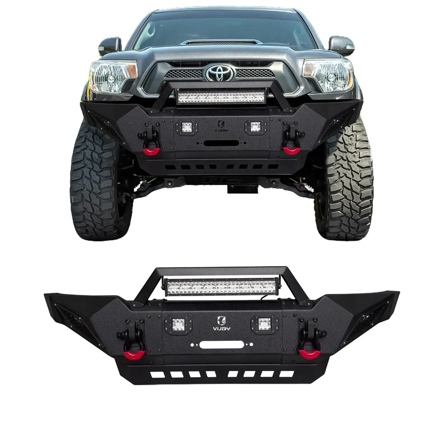 Vijay Black Textured Steel Front Bumper for 2005-2015 Toyota Tacoma Truck (Vehicle), Automotive Body Repair Accessory with Winch Plate, LED Lights, 2 D-Rings, Towing Capability, Enhanced Visibility, Simple Screw Installation