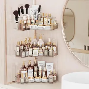 3-Tier Corner Bathroom Counter Organizer with Top  Holders,Large Makeup Organizer Countertop with Brush Holder,Skincare Organizers Corner,Exquisite Vanity Organizer (Clear, 3 Tier)