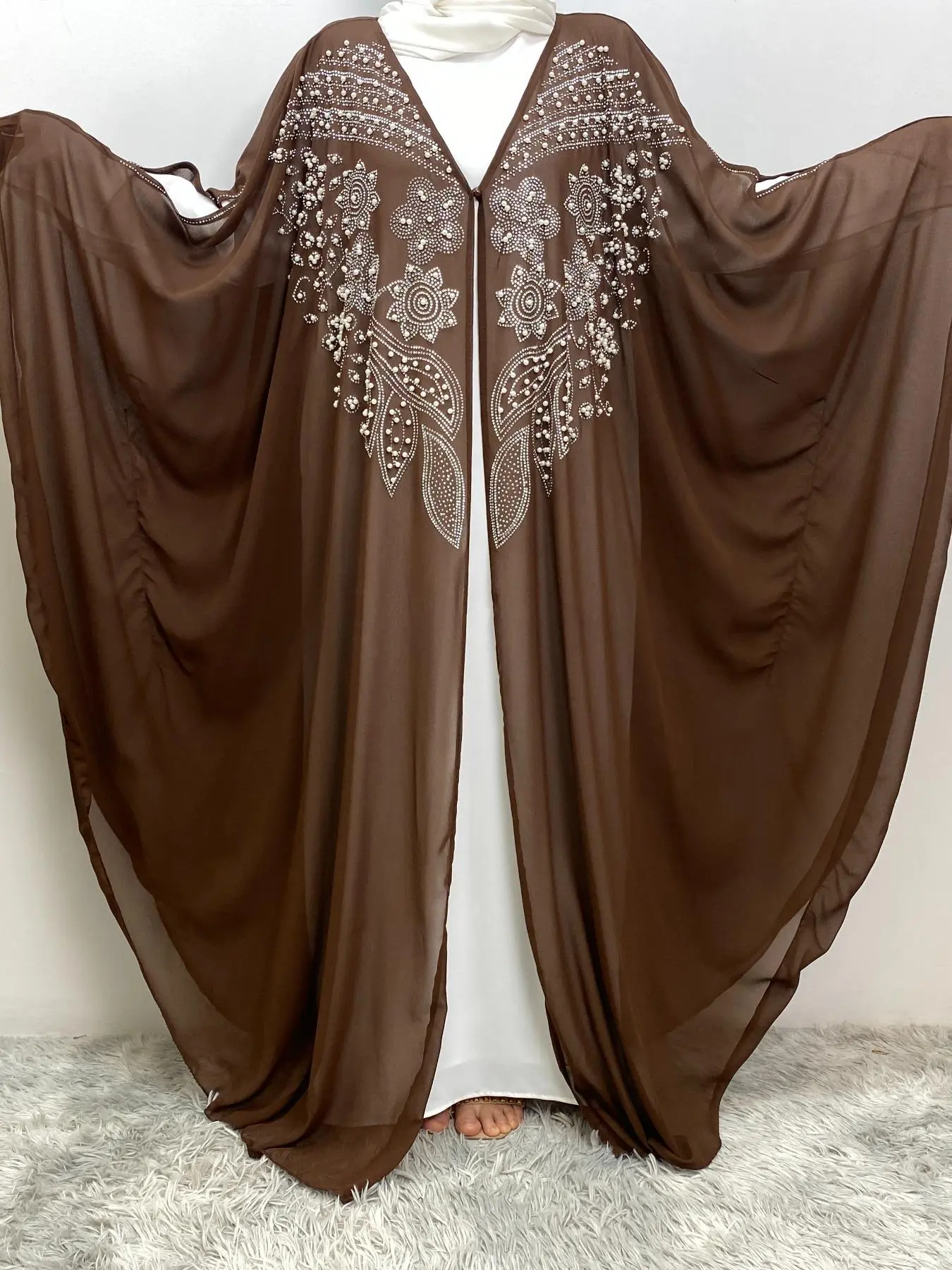 Women's Contrast Sequin Batwing Sleeve Chiffon Abaya, Elegant Long Sleeve V Neck Open Front Abaya for Spring & Fall, Women's Islamic Clothing for Daily Wear