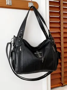 Women's Punk Style Large Capacity Tote Bag, Rivet Decor, Zipper Handbag, Adjustable Shoulder Strap, Durable, Multi-Pocket, Ideal for Daily Use and Travel