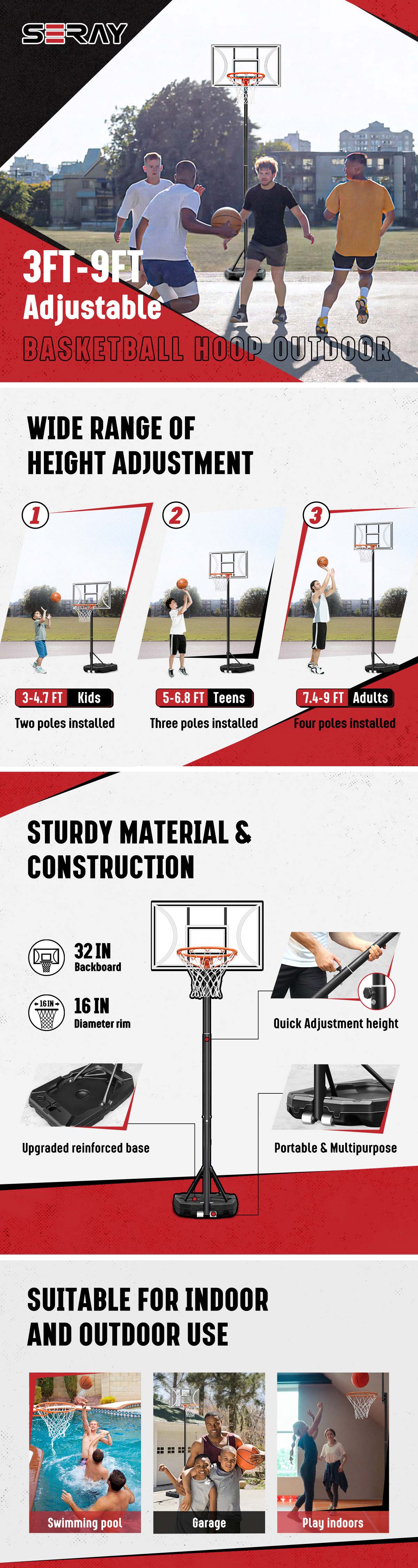 Seray Kids Basketball Hoop 3.2 to 7.2FT 10s-Quick-Adjust, Toddler 29In Backboard Portable Basketball Goal, Mini Hoop Indoor Basketball Court Outdoor & Pool Play Sets, Home Sports for Teens Boys & Girls, Birthday Gift Idea