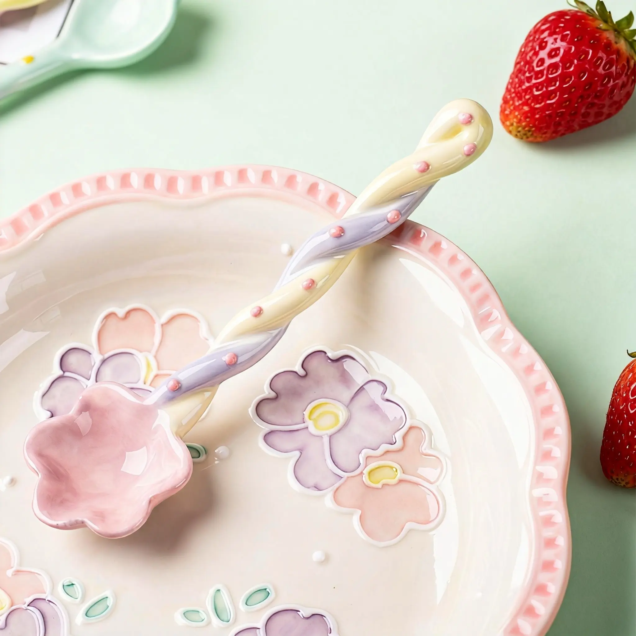 Cute Long Ceramic Spoon Set, Candy Color Glazed Cartoon Dessert Spoons, Irregular Handle Design, Fresh Dining Utensils, Ice Cream Yogurt Scoops, Cute Tableware, Dinnerware Utensils, Cutlery Tableware