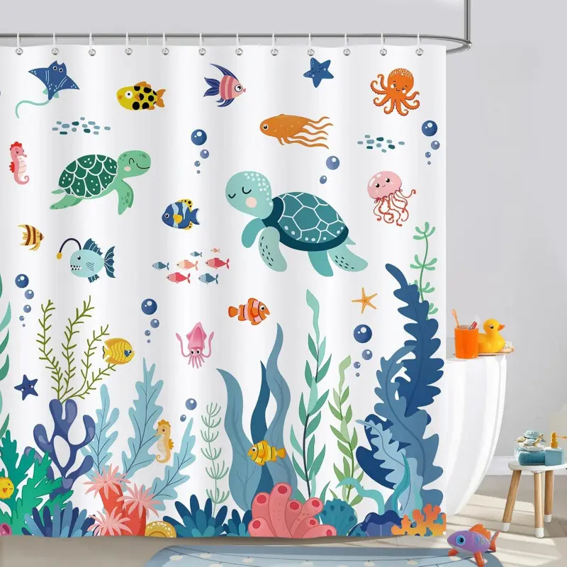 Cute Kids Shower Curtain, Ocean Sea Turtle Fish Corals Underwater World Bathroom Decor Whimsical Shower Curtain for Boys Girls 72 x 72 Inch Polyester Fabric Waterproof Bath Curtain with 12 Hooks Shower Curtain Funny Bath Curtains Shower