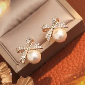 Sports & Outdoor Protective Gear Accessory - Elegant Bowknot Faux Pearl Rhinestone Drop Earrings with Red Sparkling Beads, Delicate Fashion Jewelry for Valentine's Day Gift