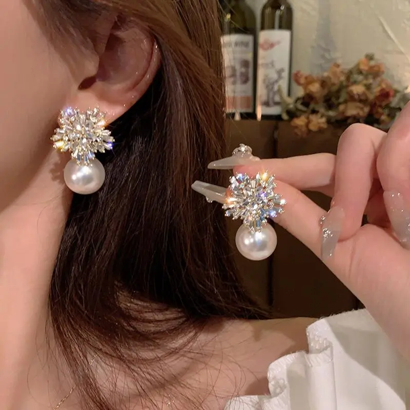 Snowflake Dangle Earrings Sparkly Pearl Holiday Earrings Perfect Valentine's Gift for Her Elegant Design