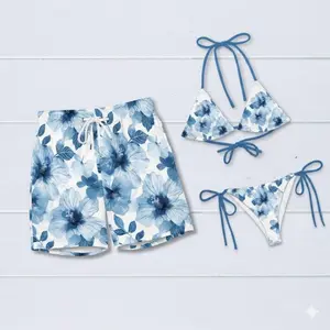 Blue Floral Couple Swimsuit Set Matching Bikini and Board Shorts
