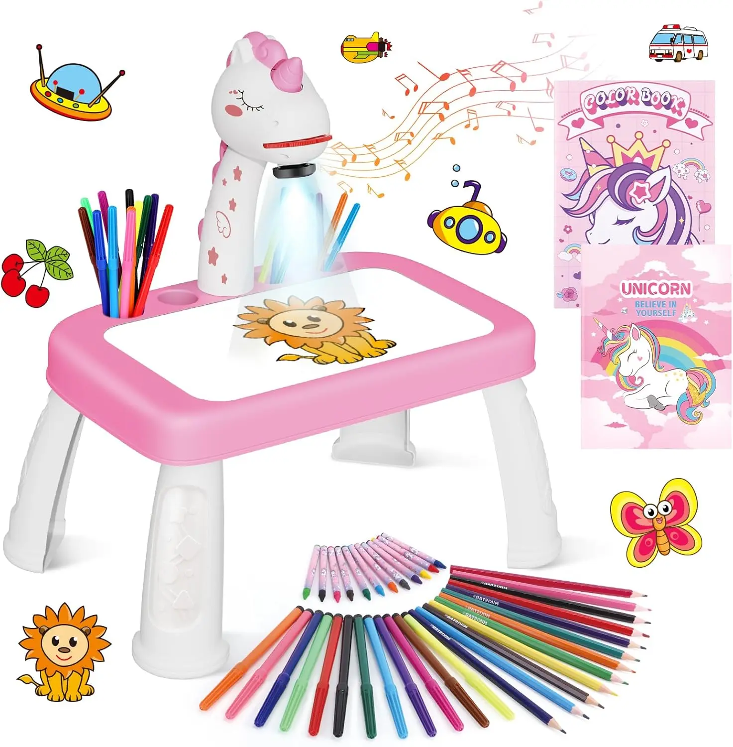 Drawing Projector for Kids Drawing Board with Music Color Pens Pencils Crayons Scrapbook Sticker Book Unicorn Stickers Stamps Ideal Toy for 3+ Year Old Girls & Boys