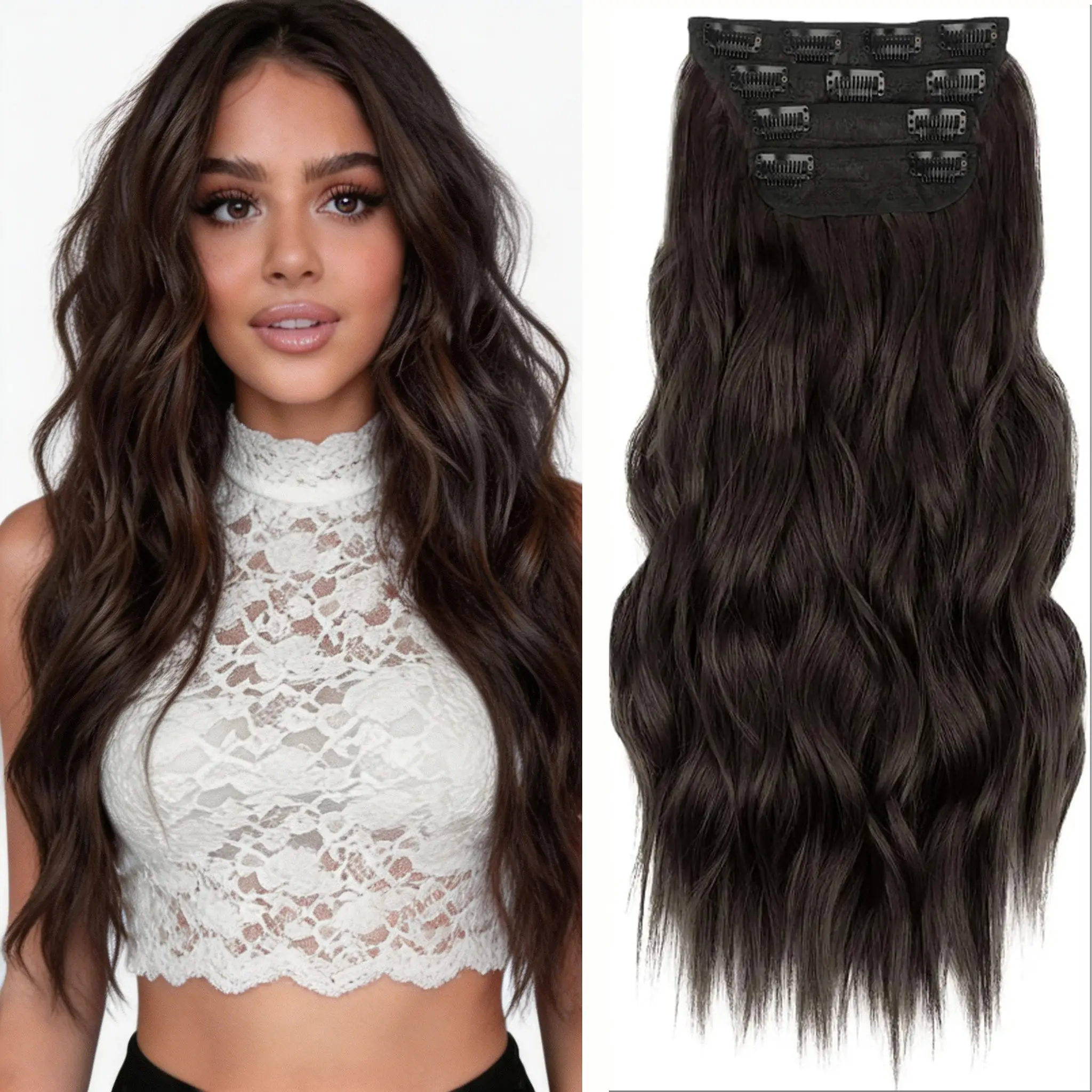 Clip In Hair Extensions for Women, 16-Inch Long Wavy Heat-Resistant Synthetic 4-Piece Set for Instant Volume and a Seamless Natural Blend, Hair Extension, Synthetic Hair Extensions