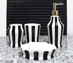 Stripe Collection 4‑Piece Sink Set – Hand‑Painted Ceramic Soap Dispenser, Toothbrush Holder, Sponge Caddy & Tray, Modern Kitchen Decor