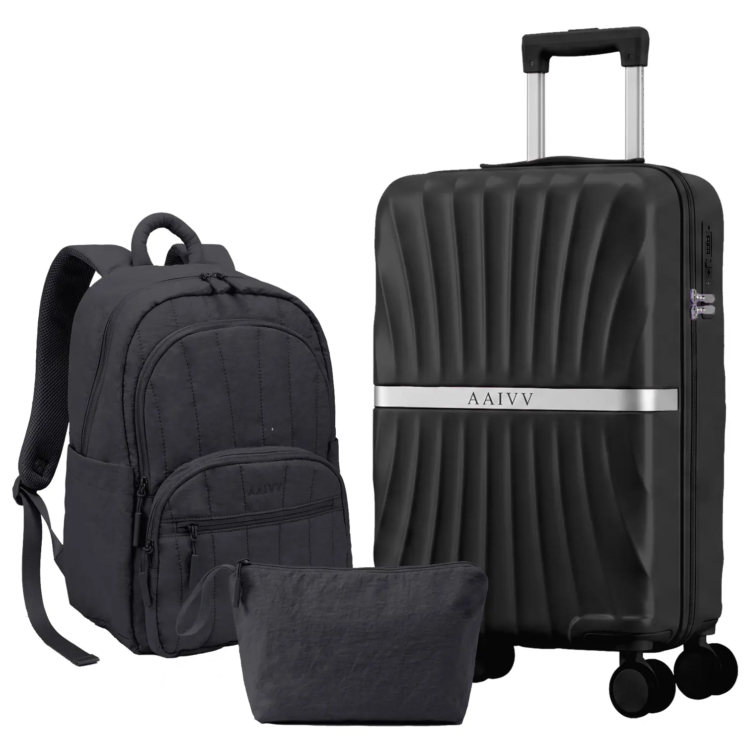 AAIVV 3-Piece Luggage Set with Backpack, 20-Inch Carry-On Suitcase with USB & USB-C Ports, Cup Holder, Spinner Wheels, 15.6-Inch Laptop Backpack and Toiletry Bag