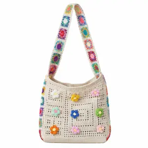 Crochet Shoulder Bag for Women, Boho Knit Tote Purse with Floral Detail, Lightweight Beach Vacation Handbag for Daily Essentials