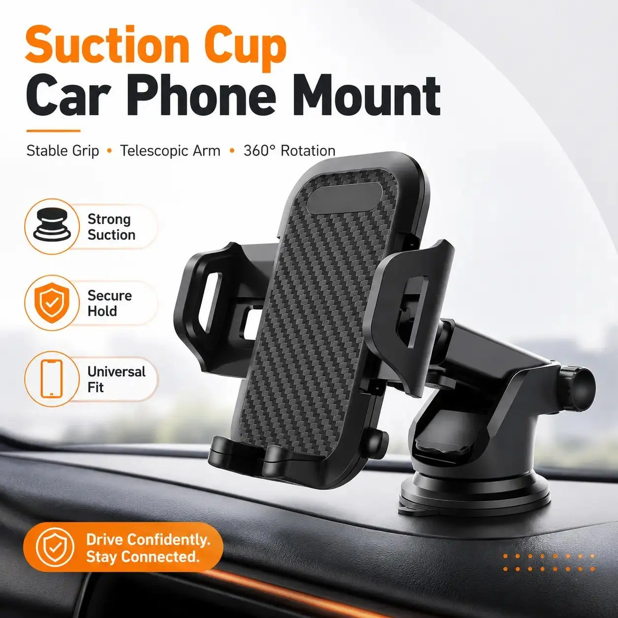Car Cell Phone Holder - Strong Suction Cup Mount with Foldable Telescopic Arm, Adjustable Secure Hold, Universal Fit for 2.2 in–3.6 in Smartphones, 3-Step Installation for Driving Safety, Car Interior Auto Accessory (Vehicle Dashboards, Gym Mirrors)
