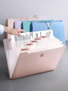 Pink 5-Grid Accordion File Folder with Random Color Stickers for Student Test Papers Transparent Multi-Layer A4 Document Organizer Bag
