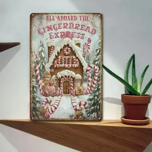 Aluminum Vintage Pink Gingerbread Train Wall Plaque Christmas Holiday Decoration with Gingerbread Express Design Candy Cane Snow Scene Evergreen Plants Art Craft for Home