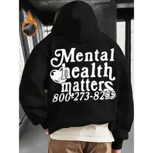Black Hoodie with Phone Number Print for Mental Health Awareness Casual Wear