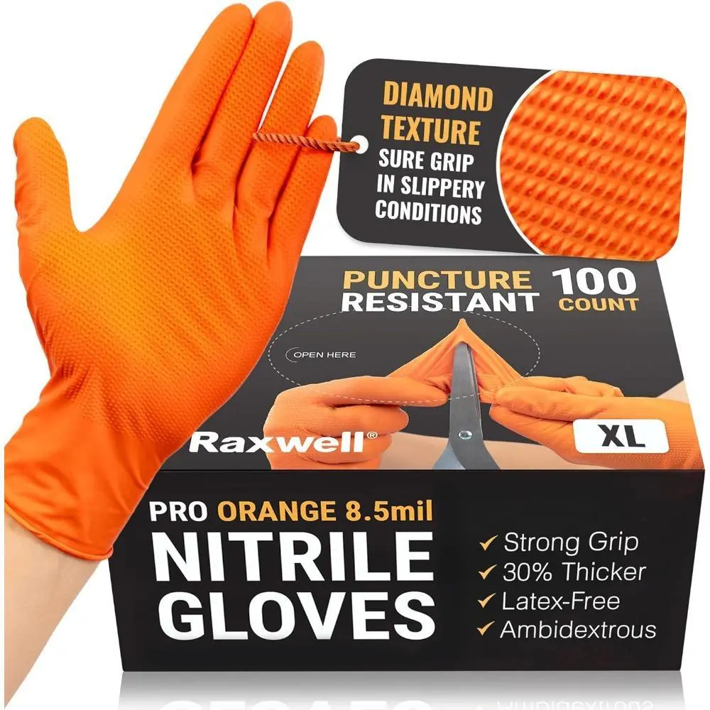 Thick Orange Nitrile Disposable Gloves, Diamond Textured Grip, Heavy Duty Puncture-Resistant Defense, Touchscreen Compatible, Latex-Free, Non-Slip for Mechanics, Food Industry & Camping Use