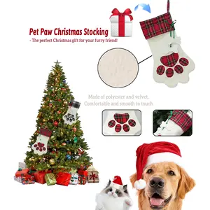 Pet Christmas Stocking Dog Paw Shape Christmas Stocking Gift Bag Cat New Year Decorations for Holiday  Easy Install Pet Pouch Lattice Paw Christmas Stockings for Dog Hanging Stocking Candy Bag Pet Holiday Supplies