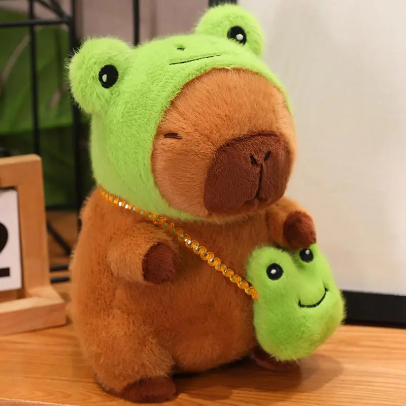 Cute Capybara Plush Toy, 1 Count Soft Huggable Capybara Doll with Frog Headgear and Bag, Birthday Classmates Holiday, Cuddly Stuffed Animal, Cute Animal Design, Cuddly Doll Gift