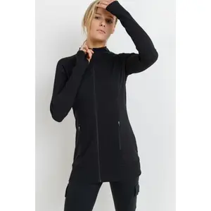 Women's Longline Zip-Up Jacket with Thumb Holes - Ribbed Smooth Fabric, Fitted High-Collar Activewear Layer Sleek Fit