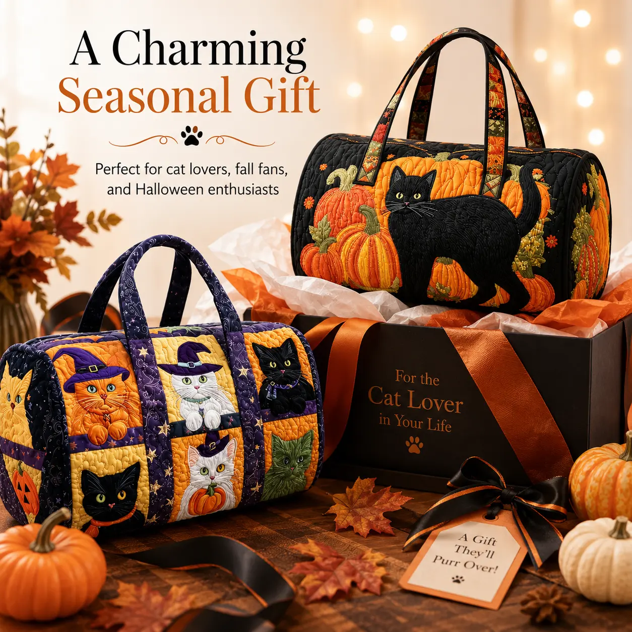 Halloween Cat Pumpkin Quilted Weekender Bag 2 Styles Unisex 21Inch Large Capacity Overnight Duffle Bag Lightweight Bohemian Witch Cat Carry On Travel Luggage Boho Halloween Holiday Handbag