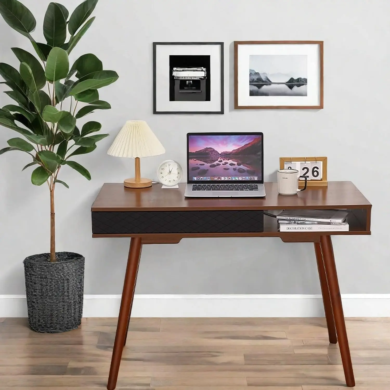 42-Inch Mid-Century Wood Computer Writing Table with Drawer for Storage, Solid Wood Legs & Reinforced Base, Sturdy Indoor Furniture for Home Office, Christmas Gift, Computer Desk