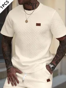 Men's tops, casual textured fabric short-sleeved Plain T-shirt white, ribbed round neck crewneck tops, summer solid color versatile fashion menswear