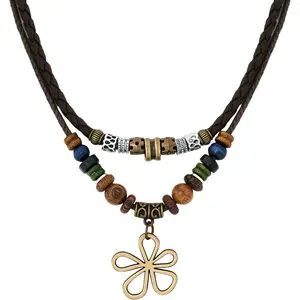 Ethnic Boho Colorful Wooden Bead Multi-Layered Braided Rope Necklace, Women's Jewelry