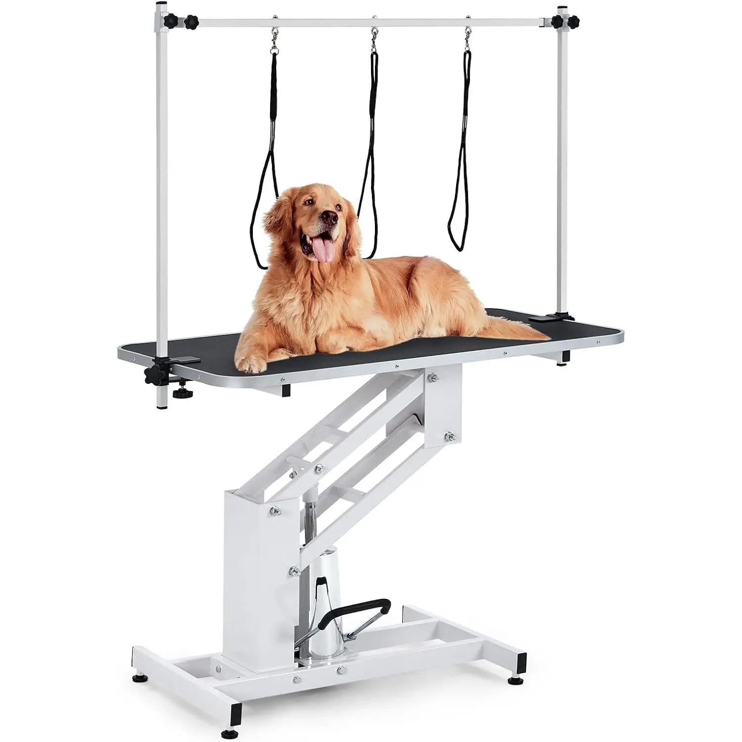 Professional Hydraulic Dog Grooming Table with Steel Frame for Medium-Large Dogs & Puppies - 43.3in, 22-39in Height Adjust, 350lbs Heavy Duty Load, Stable Z-Shaped Base, 360° Adjustable Arm, Secure Restraint, Default Setup, All Seasons Use